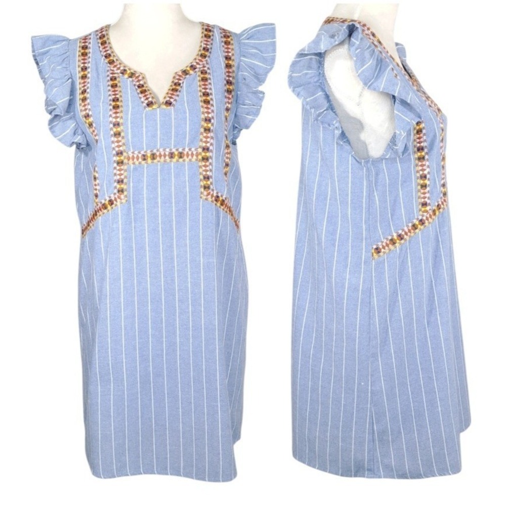 Entro Dress Size Medium Pullover Blue Stripe Embroidered Ruffle Sleeve Lined